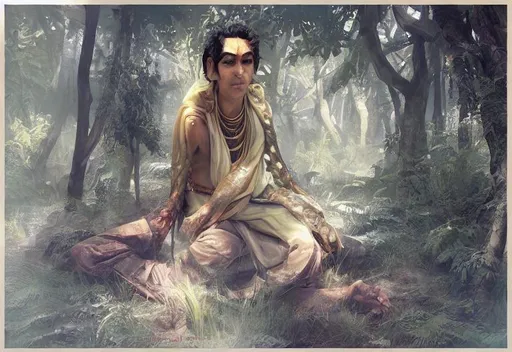 Prompt: Hindu sage of ancient yuga in forest, soft lighting, detailed face, by raja savi verma
, stanley art germ lau, wlop, ross draws, concept art, digital painting, 