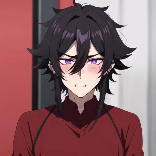 Prompt: Male young adult, 19, (Short black messy hair falling between the eyes, sharp and tired purple eyes, and a feminine body), red shirt untucked, black pant,  Black piercings, highly detailed face, 8K, Insane detail, best quality, UHD, highschooler, handsome, flirty, blushing, shy, unkempt appearance, wrinkled clothes, poorly dressed