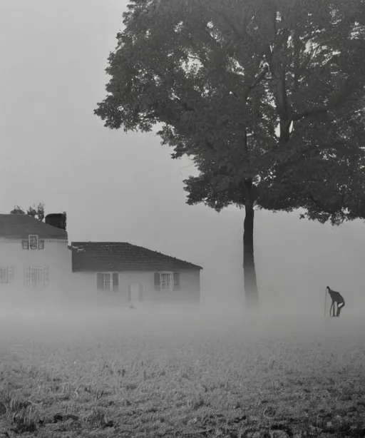 Prompt: landscape photography of beautiful house with yard floating in the sky, mist, cartier bresson, noir