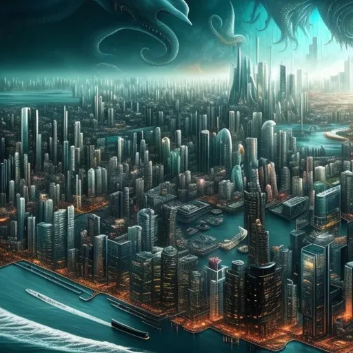 Prompt: a beautiful cityscape surrounded by an ocean as it is consumed by a horrific demon of unfathomable appearance