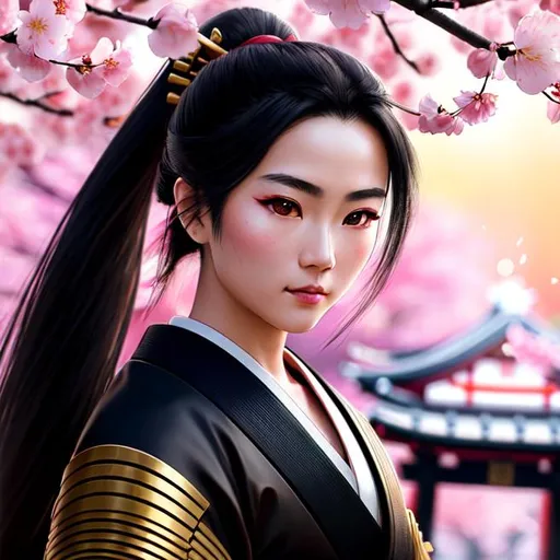 Prompt: Young Samurai with long black hair and ponytail, wearing samurai armor, standing in a Japanese temple, cherry blossom petals falling, illuminated lanterns, glowing sunrise, tranquil lighting, ethereal lighting, delicate shadows, ((beautiful detailed eyes, symmetrical eyes), dramatic lighting, (photorealism:1.5), (photorealistic:1.4), (8k, RAW photo, masterpiece), High detail RAW color photo, a professional photo, realistic, (highest quality), (best shadow), (best illustration), ultra high resolution, highly detailed CG unified 8K wallpapers, physics-based rendering, photo, realistic, realism, high contrast, hyperrealism, photography, f1.6 lens, rich colors, hyper-realistic lifelike texture, cinestill 800)