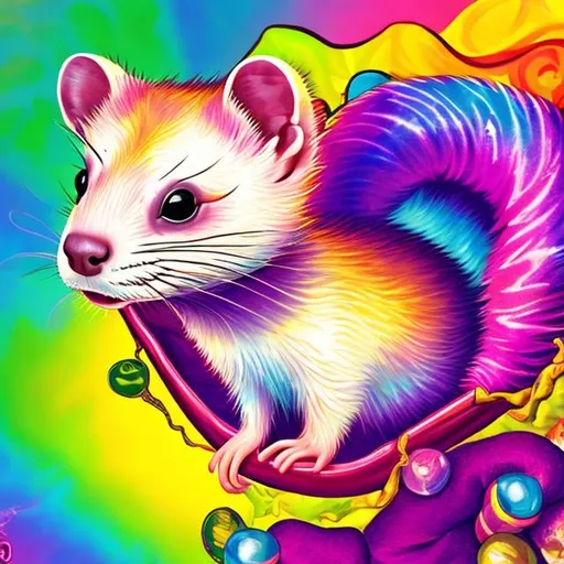 Prompt: Ferret in a bed in the style of Lisa frank