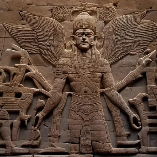 Prompt: Assyrian four-winged genie from the north wall of the Palace of king Sargon II at Dur Sharrukin, 713–716 BC, widescreen, infinity vanishing point, galaxy background, surprise easter egg
