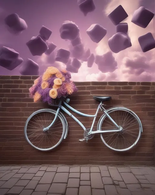 Prompt: A surreal dreamscape blending real world elements into abstract forms, with a crumbling brick wall transforming into a wave-like pattern, an old bicycle melted and twisted into a metallic flower shape, clouds forming geometric cubes in a purplish sky. Shot with a Fujifilm X-T4 mirrorless and 10-24mm ultra-wide angle lens. Uplifting pastel colors, softly blurred. 