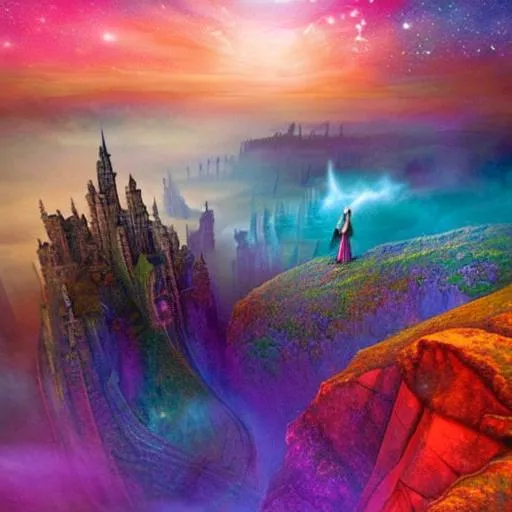 Prompt: In the realm of dreams, a solitary figure finds themselves standing on the precipice of an endless abyss. Their surroundings shift and warp, blending dimensions in a mesmerizing display. A cascade of vibrant colors and ethereal mists intertwines, forming a bridge to a distant, magical city suspended between realms. Towering spires reach towards the heavens, adorned with intricate carvings and glistening with enchantments. Through the city's portals, glimpses of otherworldly realms flicker, inviting the adventurous to embark on a journey of self-discovery and spiritual awakening.