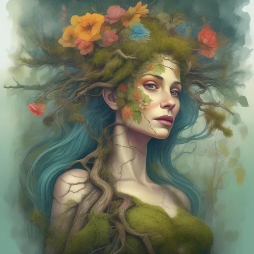 Prompt: A colourful and beautiful Persephone, a tree woman, with bark for skin, branches growing out of her head as hair, moss and flowers growing on her, and flowers and moss for a dress on her in a painted style