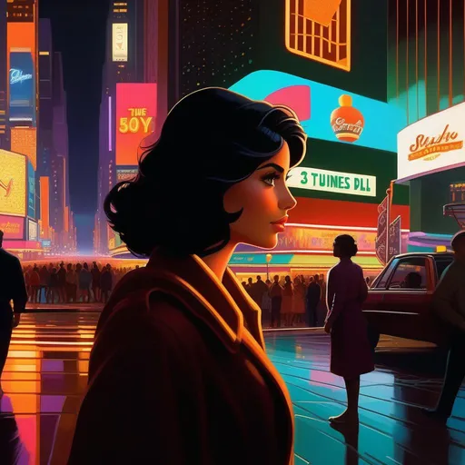 Prompt: Third person, gameplay, Italian-American girl, olive skin, black hair, brown eyes, 1980s, Times Square at night, neon, warm atmosphere, cartoony style, extremely detailed painting by Greg Rutkowski and by Henry Justice Ford and by Steve Henderson 

