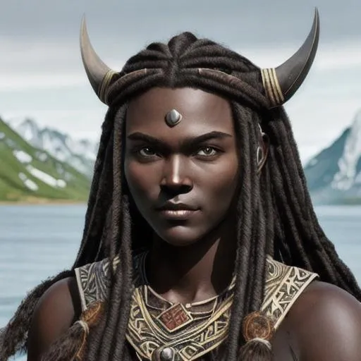 Prompt: Ebonian viking woman