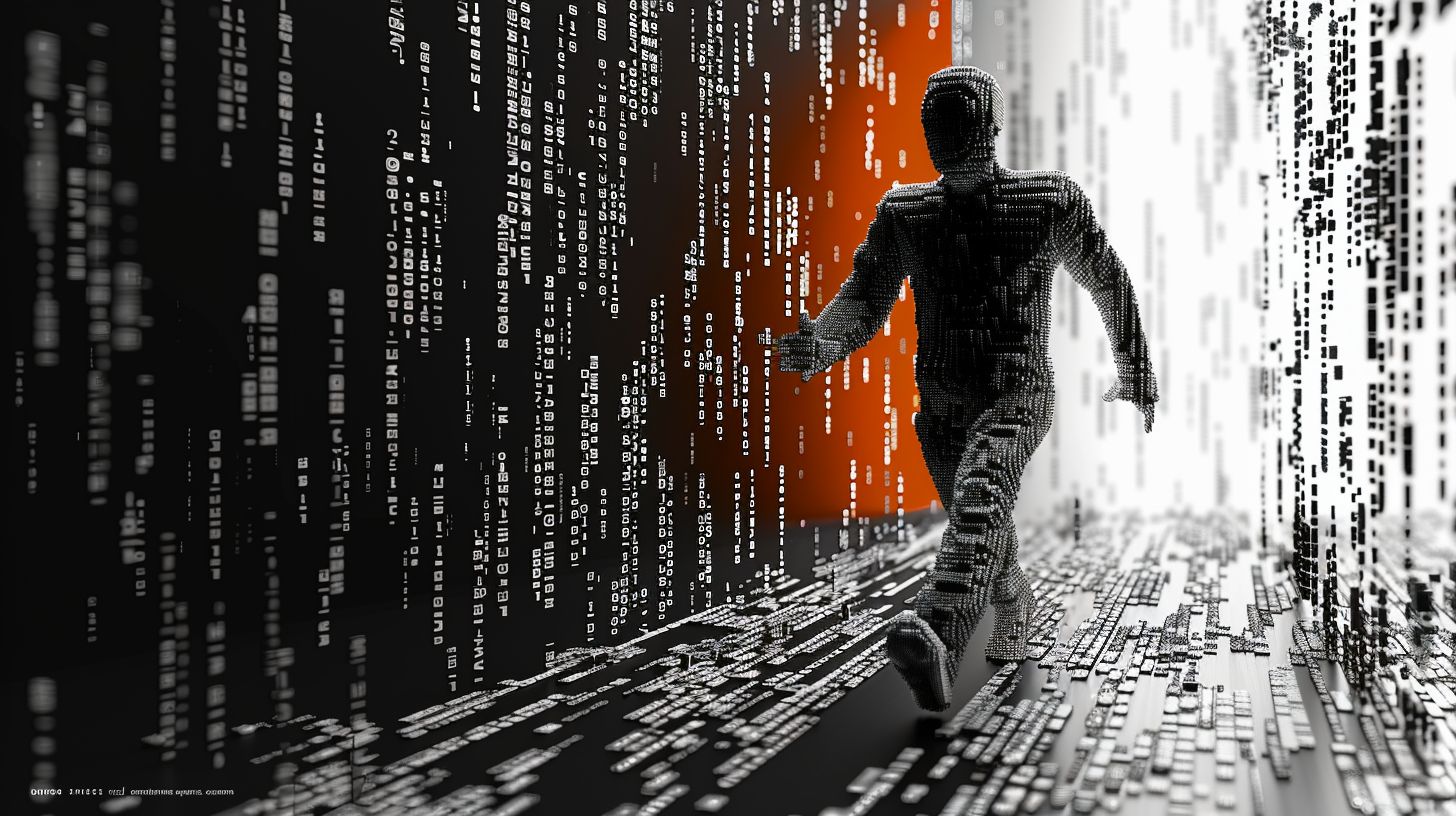 Prompt: Monochrome 3D ASCII man escaping the flat, text-based world into a colorful, high-resolution reality --ar 16:9 --sref https://s.mj.run/f68r0l2vKLs --stylize 1000