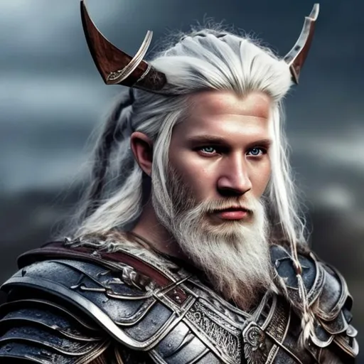 Prompt: White haired Viking warrior beautiful hyper realistic face features black armor hyper detailed forehead crown