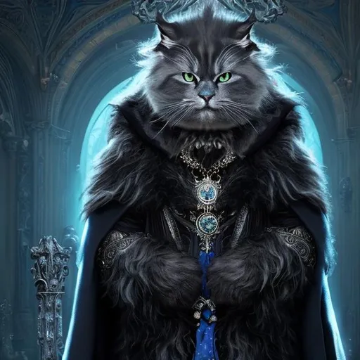 Prompt: <<https://s.mj.run/Q_KknrecACY>> anthropomorphic majestic wizard of black Cat, portrait, blue eyes, blue ears, wearing a finely detailed cloak with realistic furr and royal blue design + ornate intricate silver and white details, powerful pose, ancient lighting, photorealistic, 8k, unreal engine, octane render, full body, d&d, 