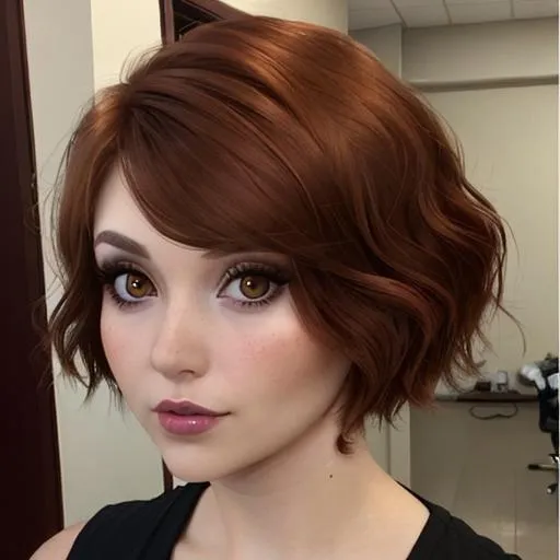 Prompt: 25 year old woman, reddish brown hair cut short, large brown eyes, wearing pretty makeup