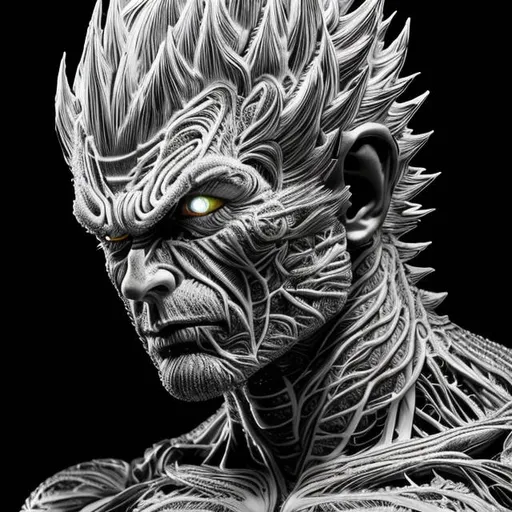 Prompt: 64K masterpiece intricate hyperdetailed breathtaking 3D glowing black oil painting medium portrait of vegeta, black trousers, intricate hyperdetailed muscular body, intricate hyperdetailed muscles, glowing white light reflection on the muscles, hyperdetailed intricate hard standing glowing hair, hyperdetailed glowing angry white eyes, detailed face, white glowing muscles, white glowing body, white glowing skin, semi-polaroid monochrome photography, hyperdetailed complex, character concept, hyperdetailed intricate glowing shining glamorous white water drop floating in the air, very angry, intricate glowing light reflection, intricate hyperdetailed glowing iridescent reflection, strong glowing white light on the hair, contrast white head light, hyperdetailed very strong black shading, very strong black muscle shadow, professional award-winning photography, maximalist photo illustration 64k, resolution High Res intricately detailed, impressionist painting, yellow color splash, illustration, key visual, panoramic, cinematic, masterfully crafted, 8k resolution, stunning, ultra detailed, expressive, hypermaximalist, UHD, HDR, UHD render, 3D render, 64K, hyperdetailed intricate watercolor mix oil painting on the body, Toriyama Akira colored