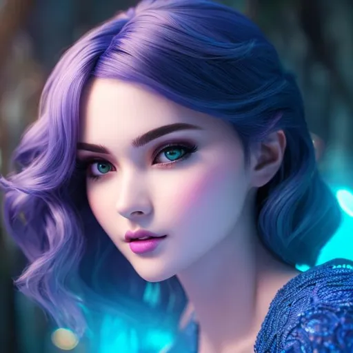 Prompt: 3rd person view of a fantasy girl, ultra realistic face, ultrarealistic sizes and features, dark blue hair, pale skin, blue clothing, blue background