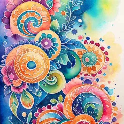 Prompt: A watercolor painting of artistic patterns with Henna art inspired embellishments and Flourishes, bright vibrant colors, Highly detailed, popping vibrant colors, Gradient Colors, Intricate details, Highly textured