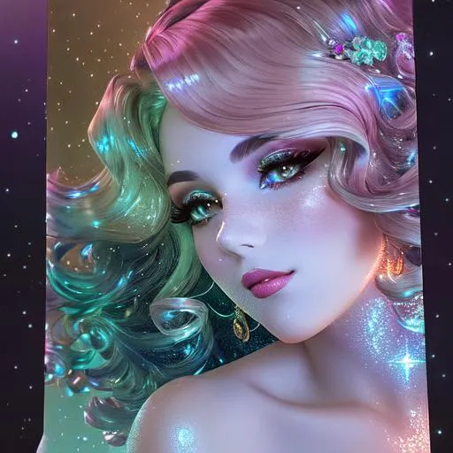 Prompt: Beautiful and sweet girl of warm glaze, wearing vaporous mini dress, discrete make up, glowing up, large curly black marine blue hair, light sparkles, drapping, big lips, pink cheeks, translucid, unreal engine 148k octane, 3d lightning, stellar clouds, quartz and opal, gem rain, soft white skin, long wavy hair, nice smile, luminous chest, fantasy, silence