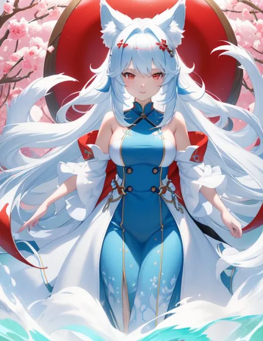 Prompt: 5 fluffy fox tails, little girl, fox, open top to show breasts_, hands behind back, busty, light blue clothes, red eyes, long cyan hair, white hair, fox ears, dark skin, perfect composition, hyperrealistic, super detailed, 8k, high quality, Splash art, epic Instagram, artstation, hyperdetailed intricately detailed, unreal engine, intricate detail, complementary colors, concept art, 8k, heavy strokes, splash arts, full height, full body focus,