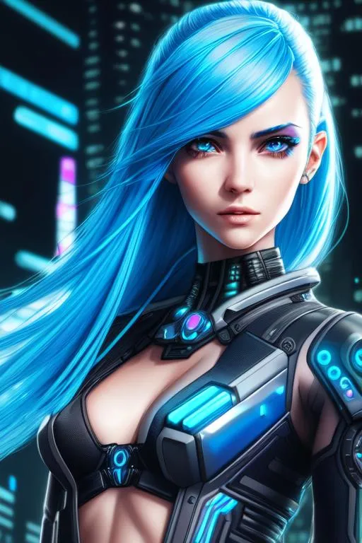 Prompt: half body female, cyberpunk edgerunner, intricate detail, Detailed face, asymmetrical eyes, cleavage, photo realistic, hyperrealism, artstation, HD, 4K, dynamic lighting, long asymetric blue hair, Cyberpunk art, futuristic skyline
a flying feminine in a cyberpunk and neon theme, ((sexy pale woman))with serious facial expression