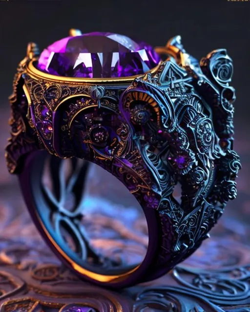 Prompt: a purple ring sitting on top of a table, 3d intricate shapes, the sailor galaxia. beautiful, dark!! intricate, povray, 3 d art, gothic and baroque, very detailed intricate intaglio, inspired by Kaja Foglio