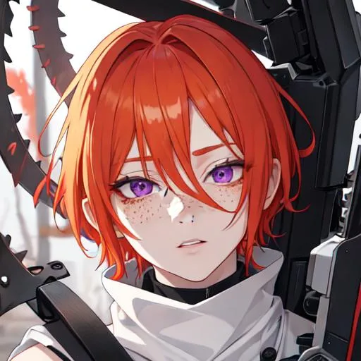 Prompt: Erikku male adult (short ginger hair, freckles, right eye blue left eye purple) UHD, 8K, Highly detailed, insane detail, best quality, high quality, holding a chainsaw, anime style