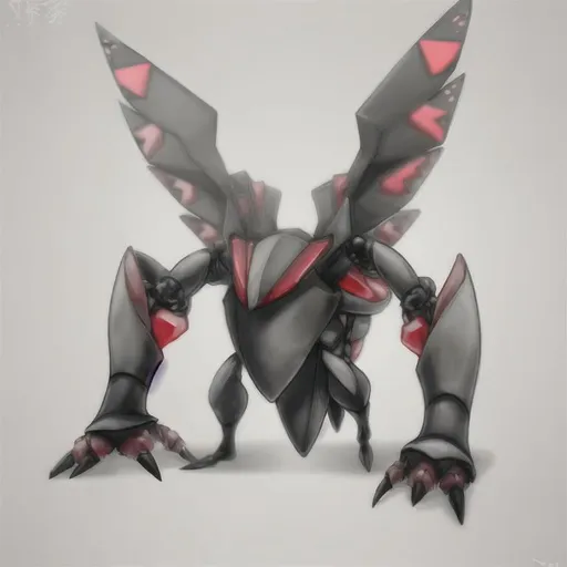 Prompt: a steel/bug type pokemon with red exoskeleton that can fly at supersonic speed