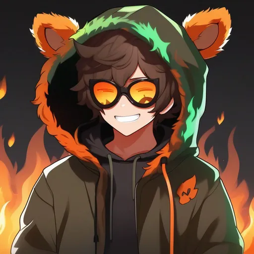 Prompt: PYRO MASK, anime boy with brown, fluffy, wavy hair & brown eyes wearing a cute and cuddly bear orange green black grey orange, style cozy hoodie with bear ears on top, (((ON FIRE))), fire engulfs the background, Demon, horns, mask, smiling, (((zoomed out))), cyberpunk apocalypse, fire , sci fi, ruins, blood, midnight, 8k, highest quality, orange green black grey orange, sharp focus, studio photo, intricate details, highly detailed, UHD, HDR, 8K, ((Masterpiece))