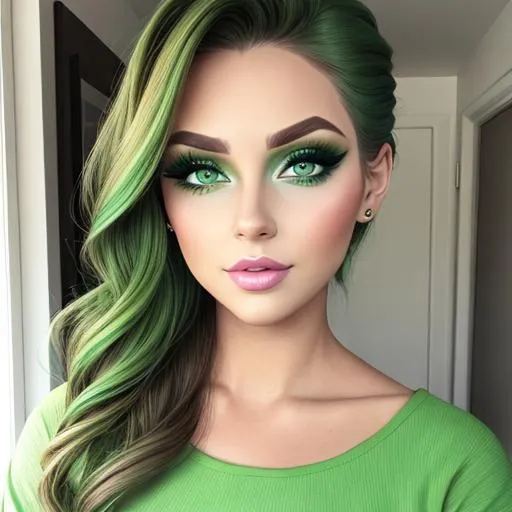 Prompt: A woman all in green, green eyes, pretty makeup