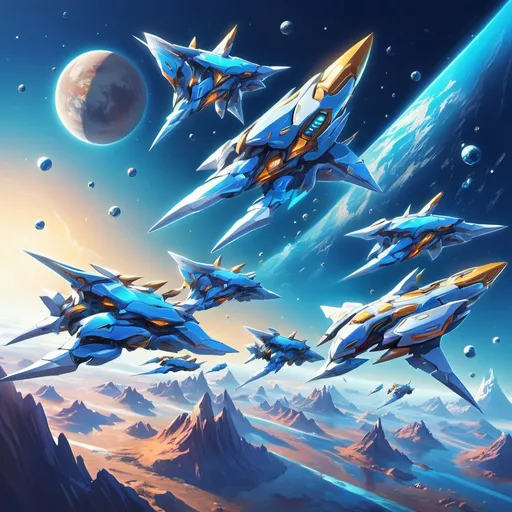 Prompt: Anime horde of huge sleek silver starships, in orbit of an azure planet, illustration