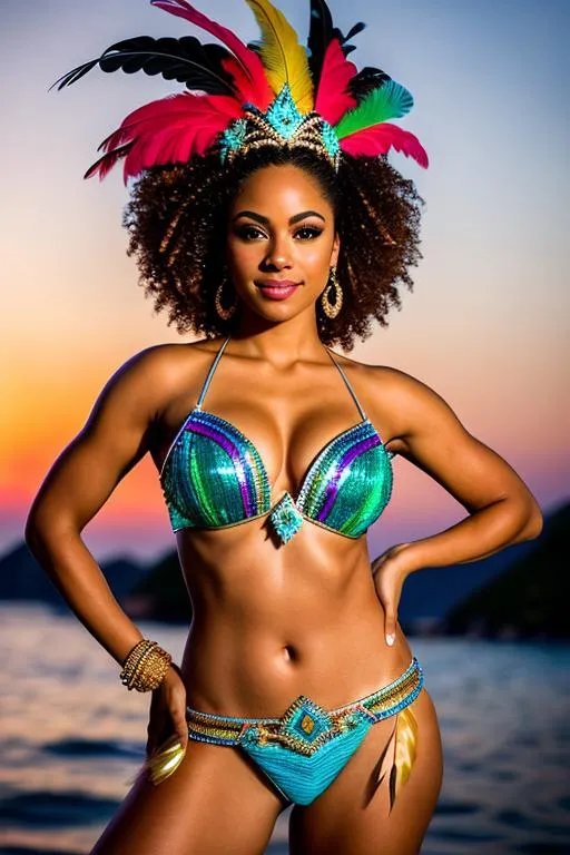 Prompt: photorealistic full body portrait of a beautiful mulatto queen of the rio de janeiro carnival drums with feathers and sequins, (tropical island environment: 1.2), at sunset, detailed, intricate, sharp, focused, depth of field face , symmetrical face, f/1.  8, 85mm, Nikon Z9, (image-centered composition: 1.2)