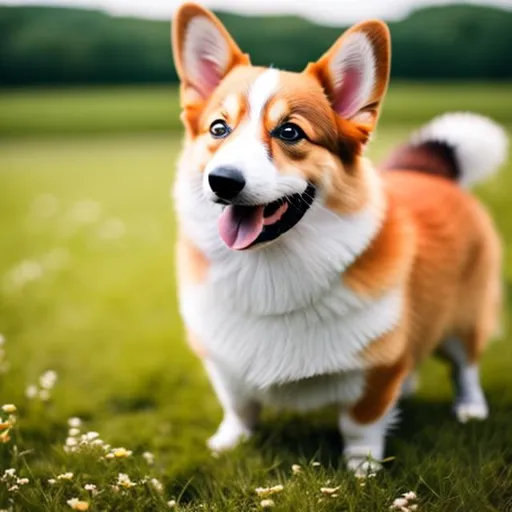 Prompt: cute corgi dog, happy and smiling, full body, background in the field, center image, sharp focus, 
