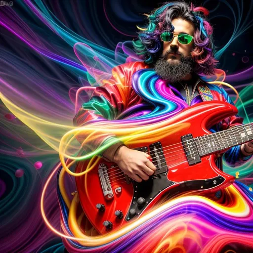 Prompt: beautiful swirl dark chaos vivid bold, 3D, HD, [{one}({liquid  {man}pig dressed as Guitarist with {Red Blue green dark-purple}plasma)[::2, expansive psychedelic background --s99500 