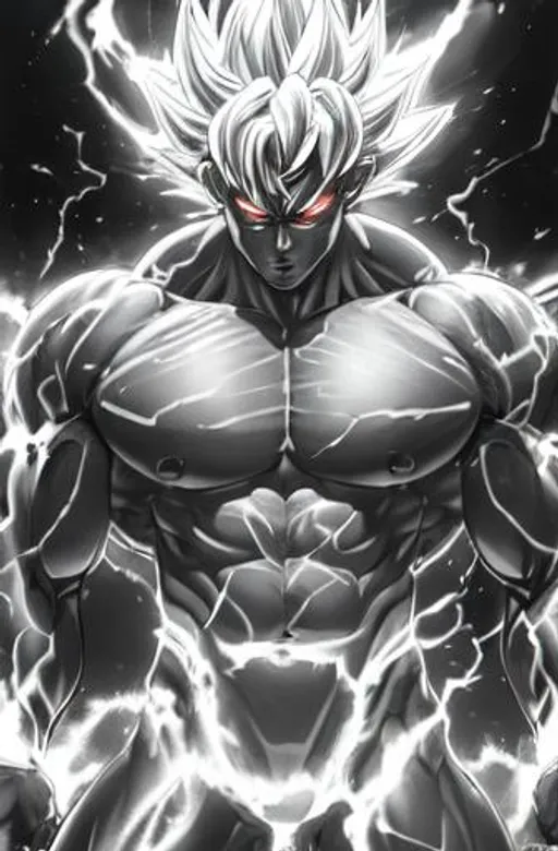 Prompt: 64K masterpiece intricate hyperdetailed breathtaking 3D glowing black oil painting medium portrait of Son Goku, black trousers,  intricate hyperdetailed muscular body, intricate hyperdetailed muscles, glowing white light reflection on the muscles, hyperdetailed intricate hard standing glowing hair, hyperdetailed glowing angry white eyes, detailed face, white glowing muscles, white glowing body, white glowing skin,

semi-polaroid monochrome photography,

hyperdetailed complex, character concept, hyperdetailed intricate glowing shining glamorous white water drop floating in the air,

very angry,

intricate glowing light reflection, intricate hyperdetailed glowing iridescent reflection, strong glowing white light on the hair, contrast white head light, hyperdetailed very strong black shading, very strong black muscle shadow,

professional award-winning photography, maximalist photo illustration 64k, resolution High Res intricately detailed, impressionist painting,

yellow color splash, illustration, key visual, panoramic, cinematic, masterfully crafted, 8k resolution, stunning, ultra detailed, expressive, hypermaximalist, UHD, HDR, UHD render, 3D render, 64K, hyperdetailed intricate watercolor mix oil painting on the body, Toriyama Akira