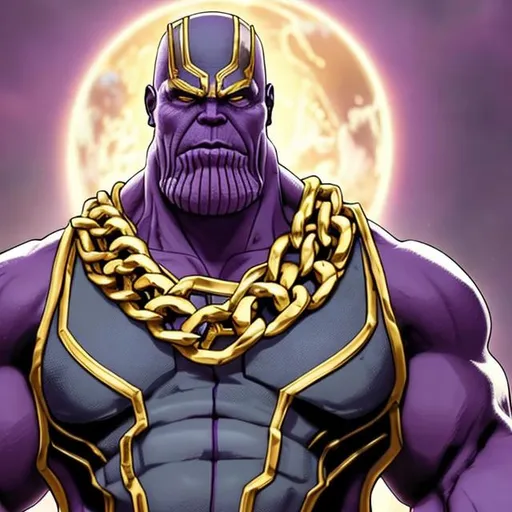 Prompt: thanos wearing a du rag, wearing a gold chain, wearing street clothes, cartoon, ultra high detail, lighting, shaders, grey backround
