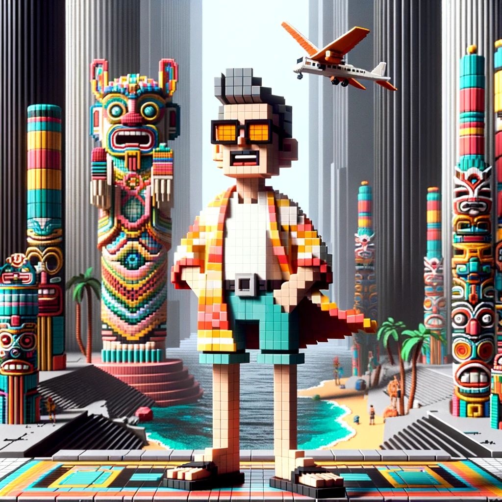 Prompt: An inventive pixel art character, a man with glasses, exudes a laid-back vacation dadcore style. He is set against a dynamic urban environment, with rendering techniques inspired by both cinema4d and the unreal engine. The scene is painted with bold color blocks, accompanied by captivating columns and totems, showcasing a fusion of traditional and modern design elements.