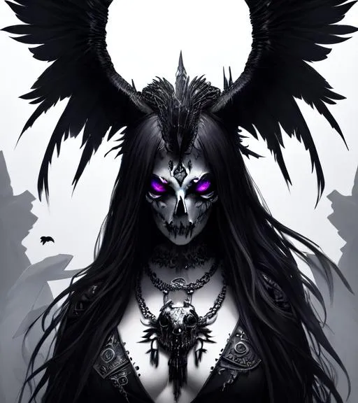 Prompt: splash art of a {shadow goddess}, wearing a {raven skull}, hyperrealistic, perfect composition, super detailed, sharp focus HDR, UDR, 64k