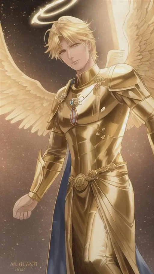 Prompt: Angel, halo, radiant golden light, seraph, six wings, photo realistic, Male, warrior, ancient, wallpaper, St michael, catholic, archangel, handsome, Male face, masculin face, 37 years old, Spears, fire, 16k, full body picture, heavenly, shader, christian, heaven background