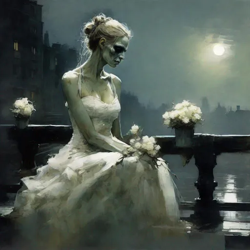 Prompt: "close portrait of Moonlit beautiful Zombie bride sitting on a bench: sad, dramatic, eldritch,  moon, waiting on a bridge, holding white flowers in the night, ominous, whimsical,  watercolour art by Jeremy Mann: nekro: oil painting: high contrast: 3D: ultra fine_art: dramatic lighting: Van Gogh, fantasy: sharp focus: pencil sketch: professional photography: ZBrushCentral: finalRender: Unreal Engine 5: Deep colors: depth of field: Trending on Artstation, by Amina Bouraoui

