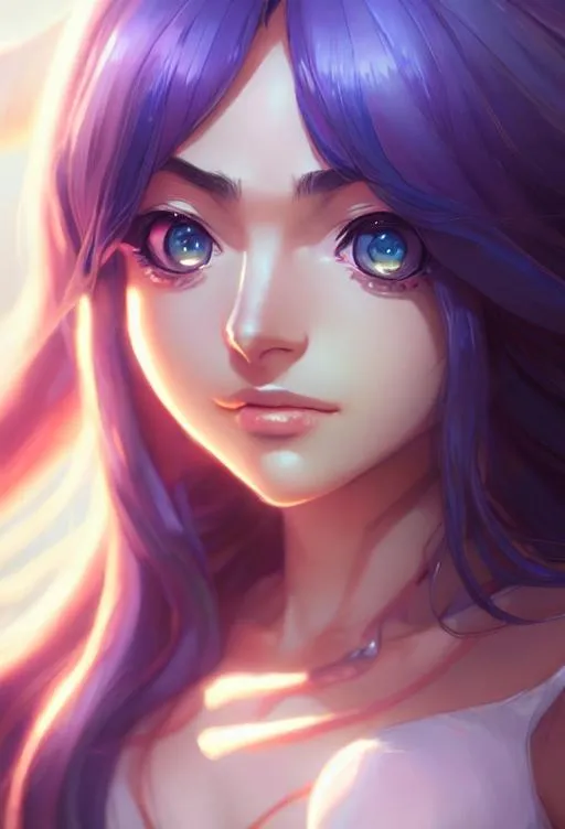 Prompt: Closeup face portrait of sona from league of legends, smooth soft skin, big dreamy eyes, beautiful intricate colored hair, symmetrical, anime wide eyes, soft lighting, detailed face, by makoto shinkai, stanley artgerm lau, wlop, rossdraws, concept art, digital painting, looking into camera