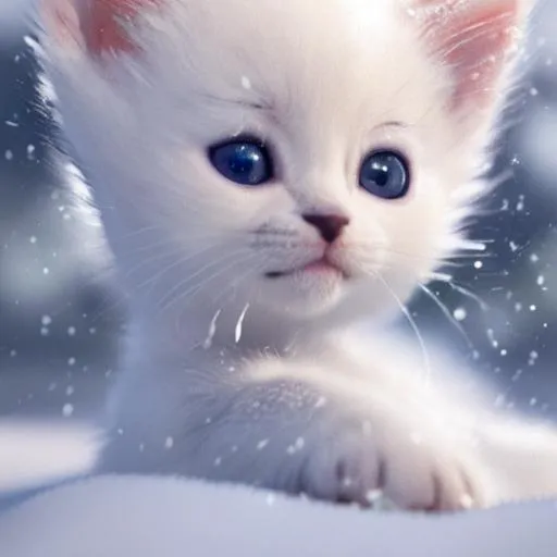 Prompt: a cutest white kitten in the snow in the forest