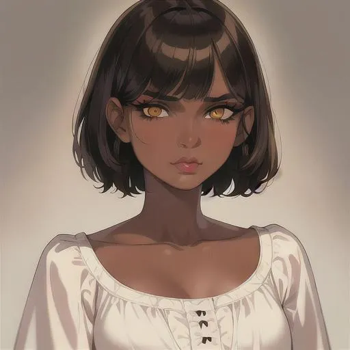 Prompt: (masterpiece, illustration, best quality:1.2), wearing a white silky nightgown, brown skin, mad face, detailed eyes, medieval style, short straight hairstyle, black hair, devilish like yellow eyes, black eyelashes, best quality face, best quality pupil's,  best quality, best quality skin, best quality eyes, best quality lips, ultra-detailed eyes, ultra-detailed hair, ultra-detailed, illustration, colorful, soft glow, 1 girl