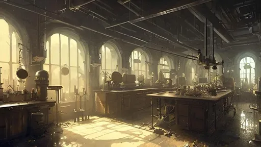 Prompt: a dark steampunk laboratory interior  with dusty atmosphere with only by one window, painting 3D by Greg Rutkowski