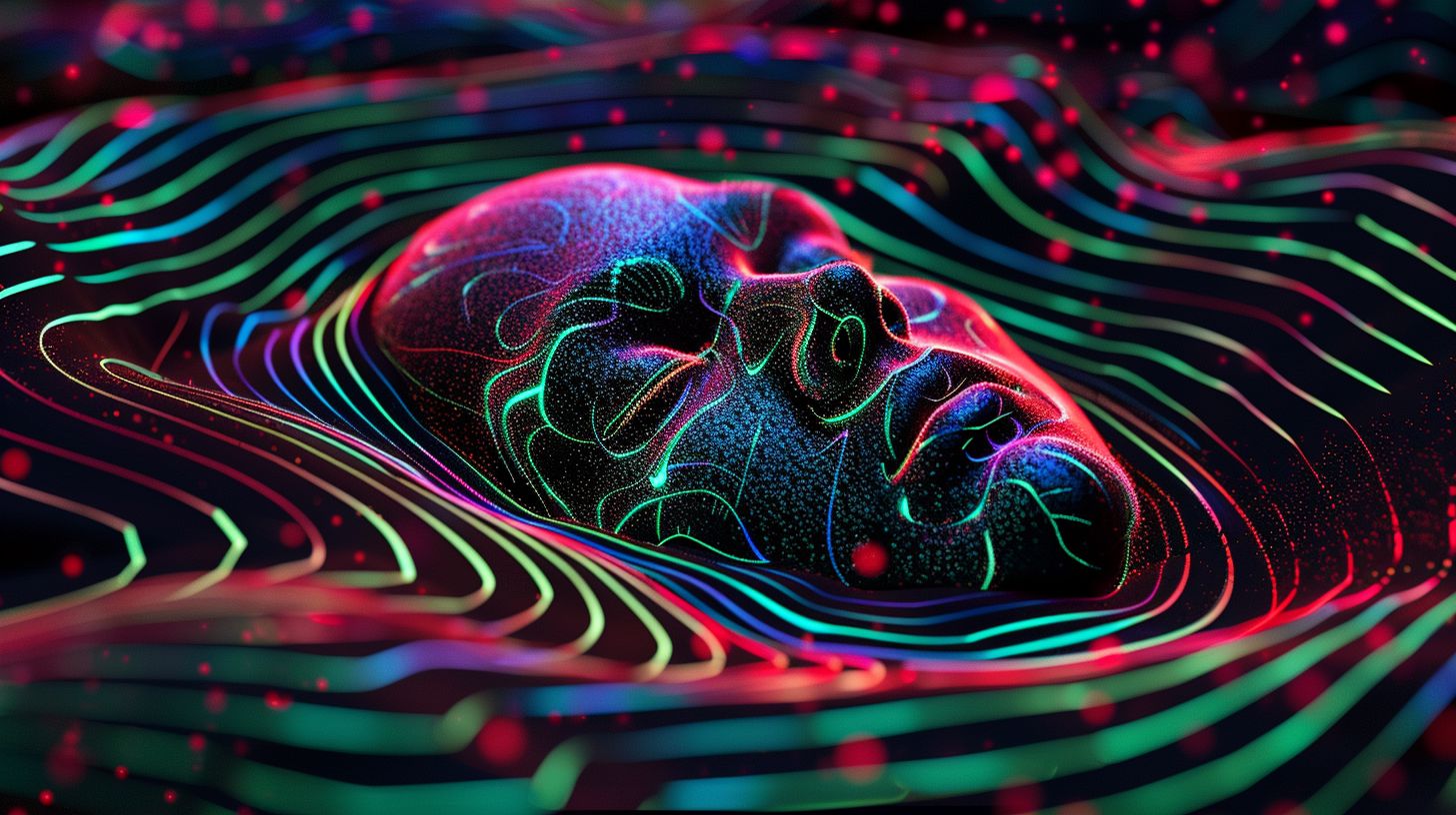 Prompt: Depict a scene that portrays the concept of being lost in my inner sanctuary, illustrated in the style of 3D chalk art with vibrant colors on a black background. The artwork should emphasize an extreme depth of field to enhance the feeling of immersion and introspection.