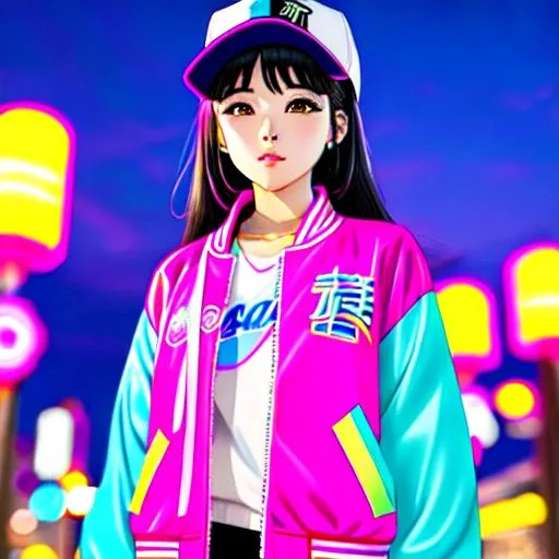 Prompt: vaporwave japan city night time anime girl in varsity jacket  pink, yellow, cyan