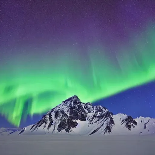 Prompt: Beautiful mountain tops of alaska with the northern lights and black birds flying