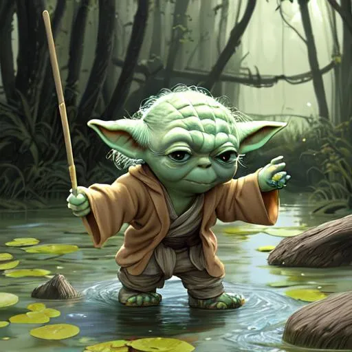 Prompt: Playful young Yoda skipping stones in murky swamp waters, mischievous, lively, curious, adventurous, bubbly, realistic, intricate details, cartoon