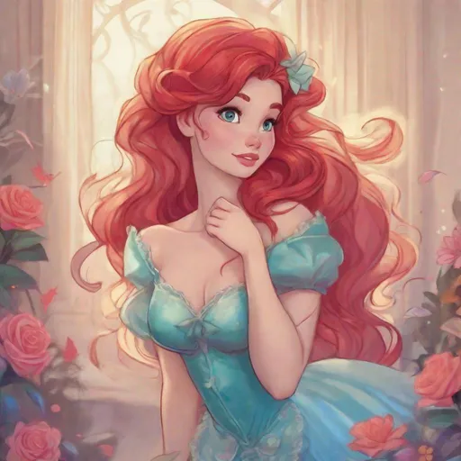 Prompt: Vivid, detailed, Disney art style, full body, Ariel Disney Princess, Hair part on left side, full body, cute, babydoll