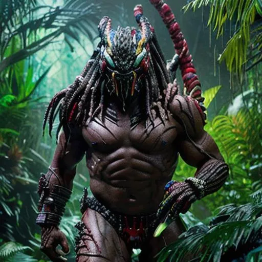 Prompt: The predator, beads, mirror eyes, Yautja, HD, hyper-detailed, colorful, award-winning CGI, led, dynamic lighting, jungle background