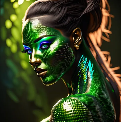 Prompt: UHD, , 8k, high quality, oil painting, hyper realism, Very detailed, zoomed out view of character,  gorgeous green skin female with an extra set on the center of her chest