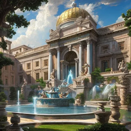 Prompt: a large building with a fountain in front of it, 2. 5 d cgi anime fantasy artwork, as an offering to zeus, inspired by Domenico Quaglio the Younger, by mark keathley, in their noble mansion, rendering of beauty pageant, videogame render, vektroid, art for the game, krenz cushart and artgerm, comic book:.2 | unreal engine:.3