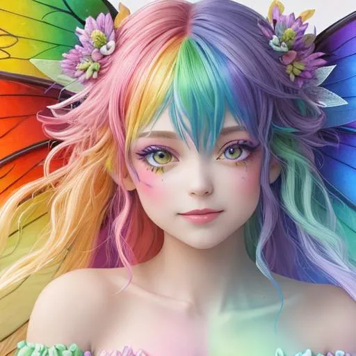 Prompt: A fairy in rainbow colors, facial closeup